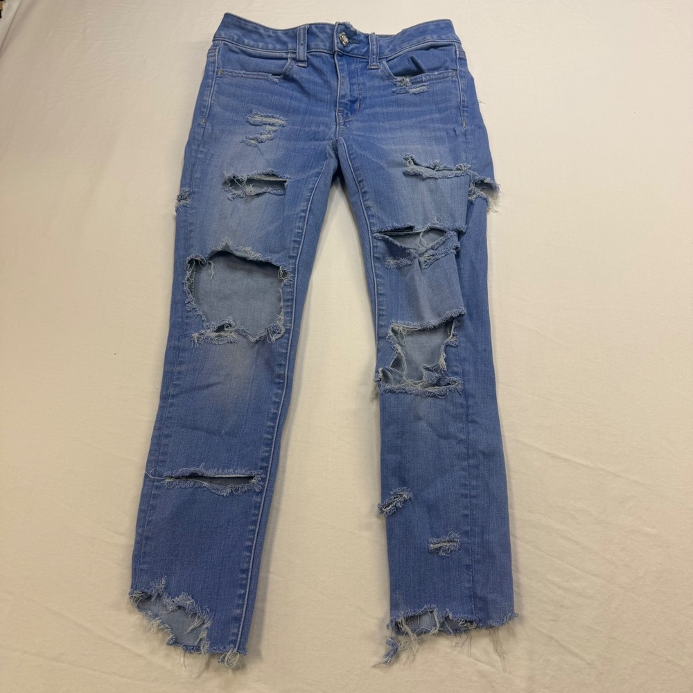 American Eagle Super Super Stretch Distressed Jeggings Blue Womens Size 2 Reg